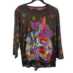 Laurel Burch Black Tunic Top SZ XXL Whimsical Mythical Colorful Butterflies Dogs